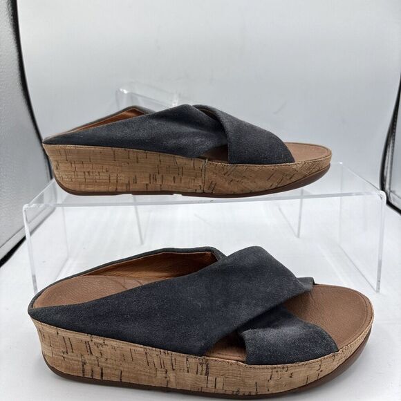 FitFlop Kys Slide Sandals Blue Suede Leather Women 6 Cross Strap Cork Footbed - Picture 4 of 10